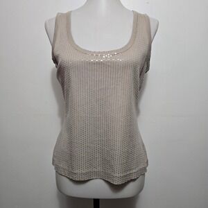 St. John Beige 100% Silk Sequin Scoop Neck Tank Shell Size 4 Luxury Minimalist